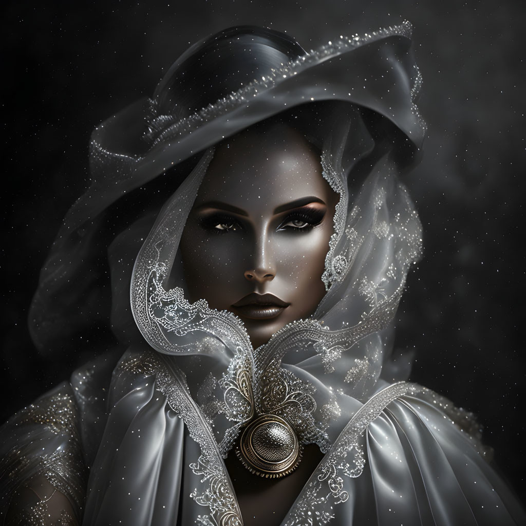 Monochrome portrait of woman with dramatic makeup and ornate headpiece.