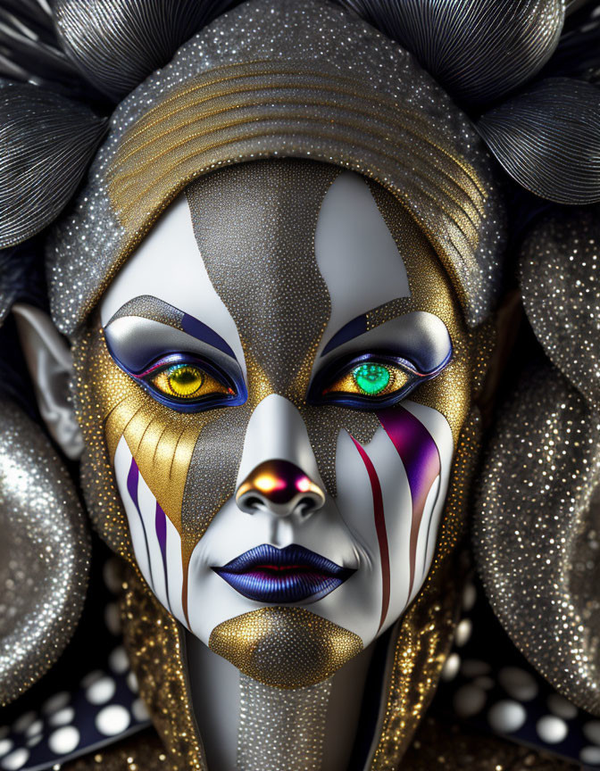 Elaborate silver and gold face paint with striking blue eyes and ornate headdress