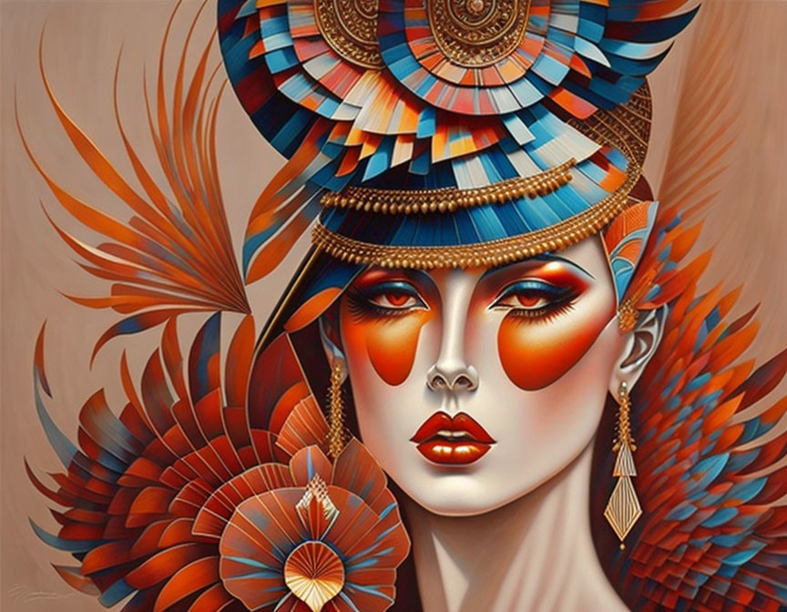 Colorful illustration: Woman with bird-inspired adornments on warm backdrop