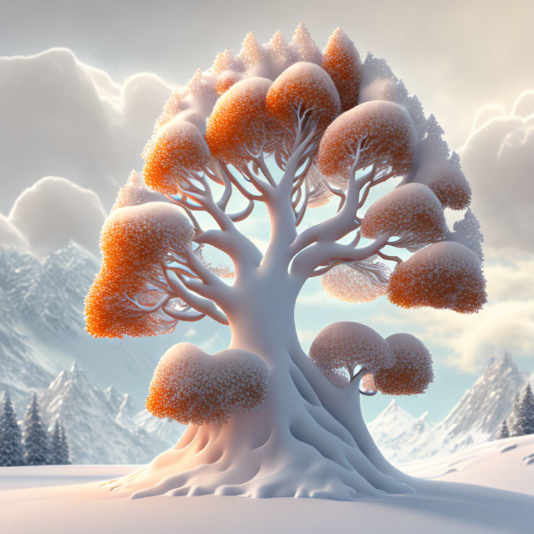 Whimsical tree in snowy landscape with vibrant foliage