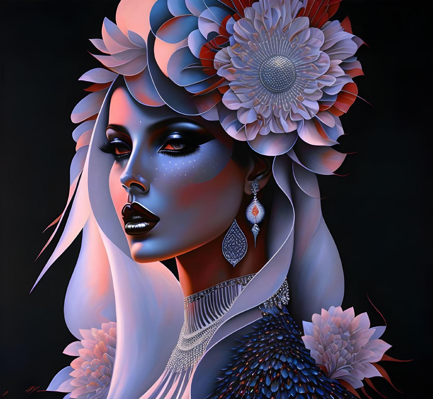 Portrait of Woman with Pale Blue Skin and Floral Headpiece on Dark Background