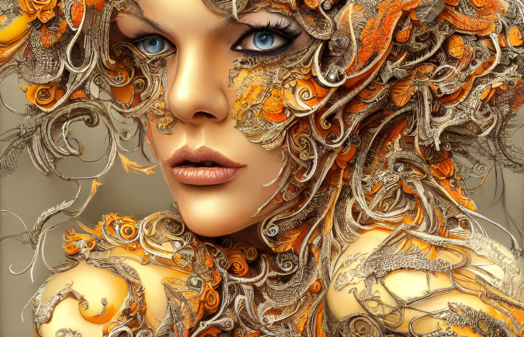 Digital Artwork: Woman with Golden Headpiece and Blue Eyes