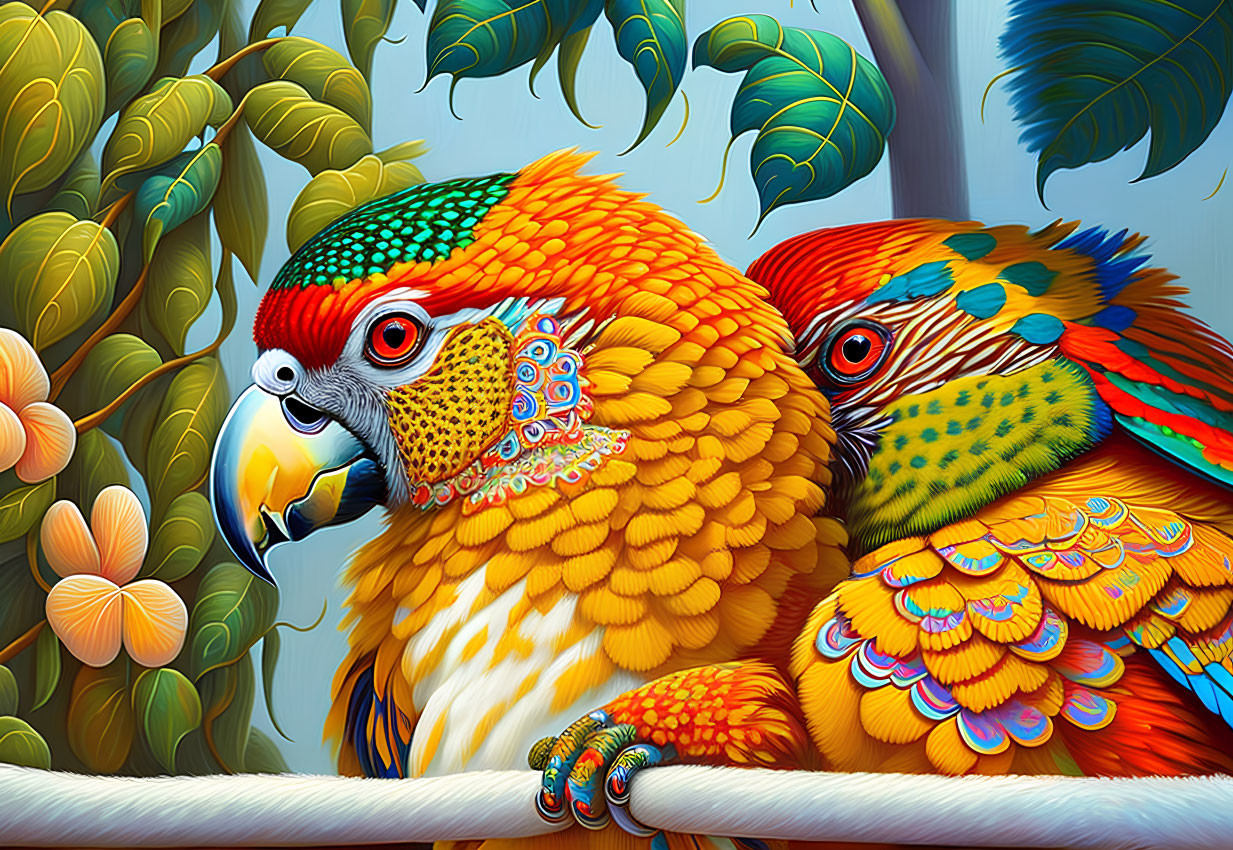 Colorful Parrots with Detailed Feather Patterns Perched in Lush Greenery