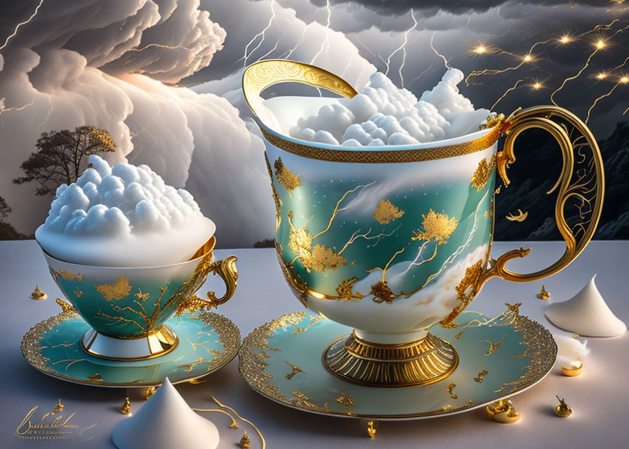 Porcelain teacup with clouds and lightning on stormy background