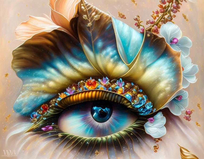 Surreal eye illustration with cosmic patterns, jewels, petals, and blossoms