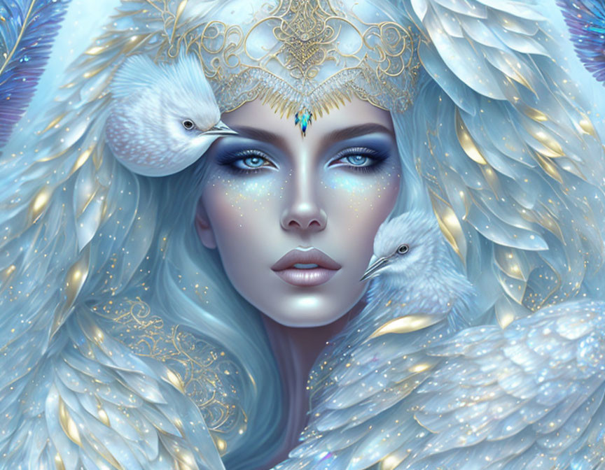 Fantasy illustration: Woman with blue hair, golden headpiece, feathers, white birds, starry