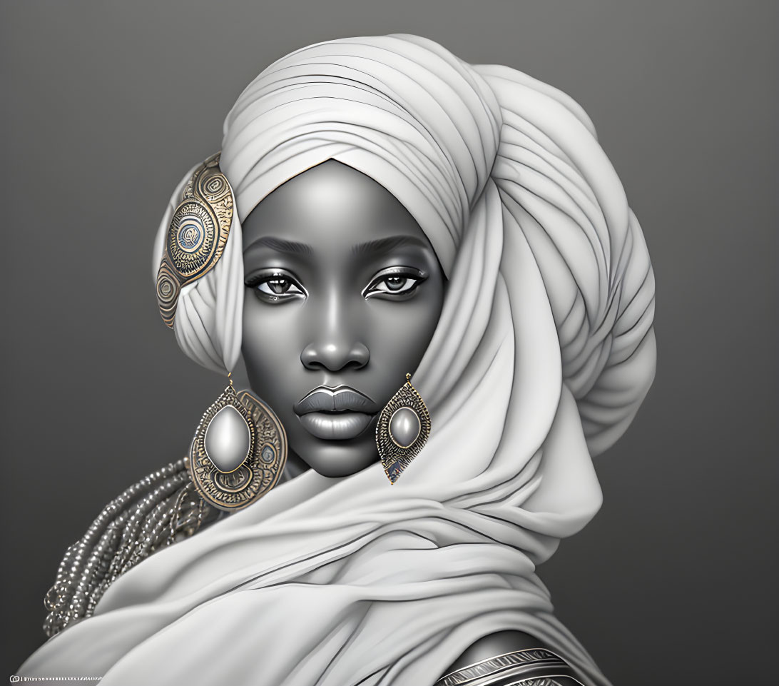 Monochrome image of person in elegant headscarf with ornate earrings