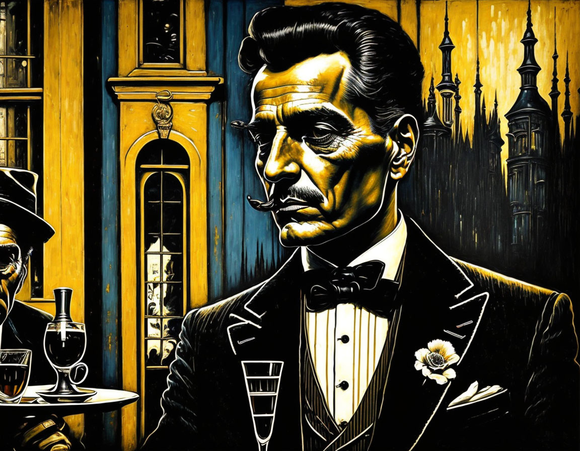 Stylized illustration of suave man in tuxedo with cigarette in front of bar scene