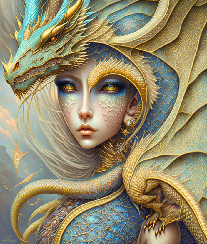 Fantasy portrait of person with dragon-like features in golden scales and jewelry