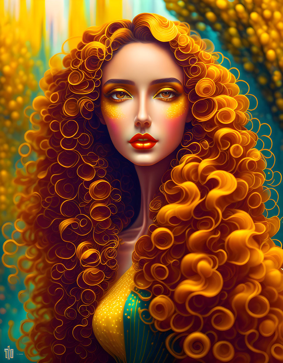 Voluminous Curly Red Hair Woman Portrait with Blue Outfit