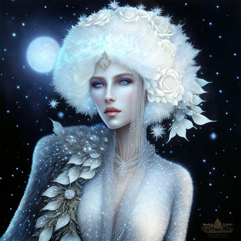 Fantasy portrait of woman with pale blue skin and floral headdress against starry background