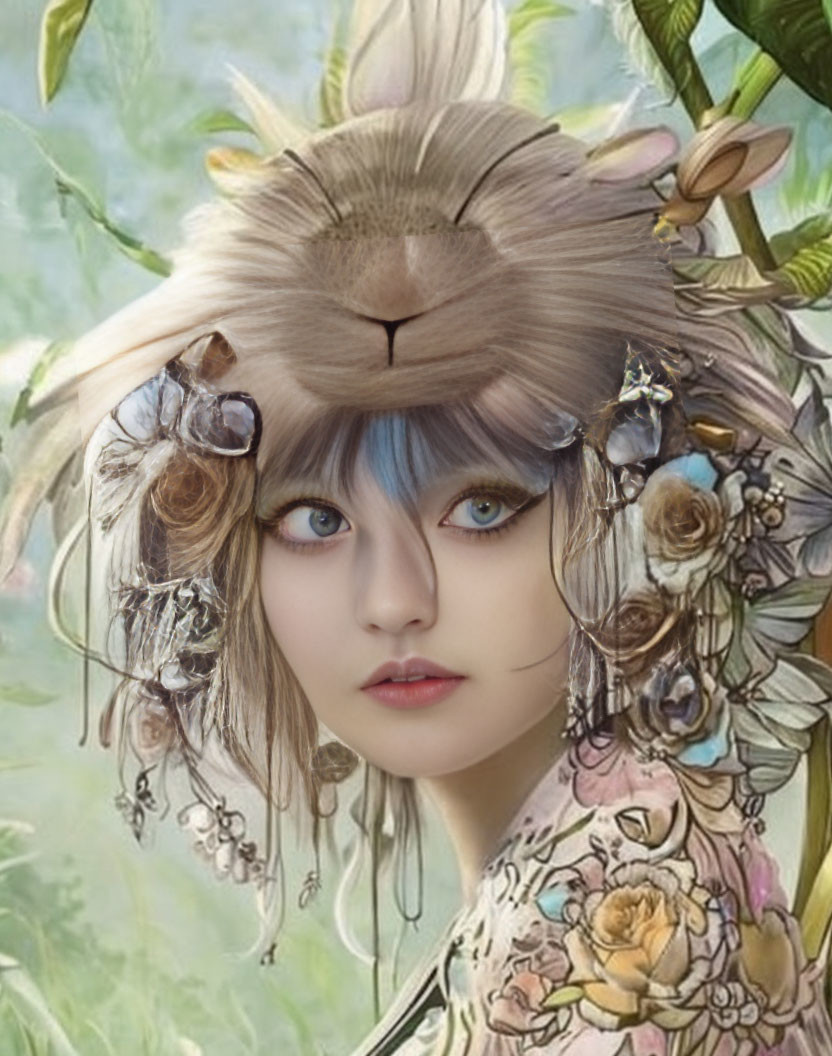 Whimsical character portrait with blue eyes and lion-like hair against foliage backdrop