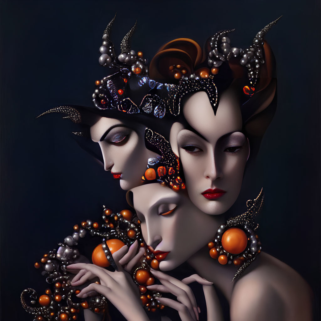 Stylized female figures with ornate headdresses on dark background