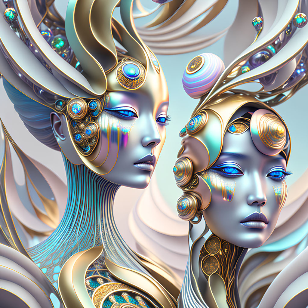 Surreal futuristic female figures with gold and blue headpieces and peacock feathers