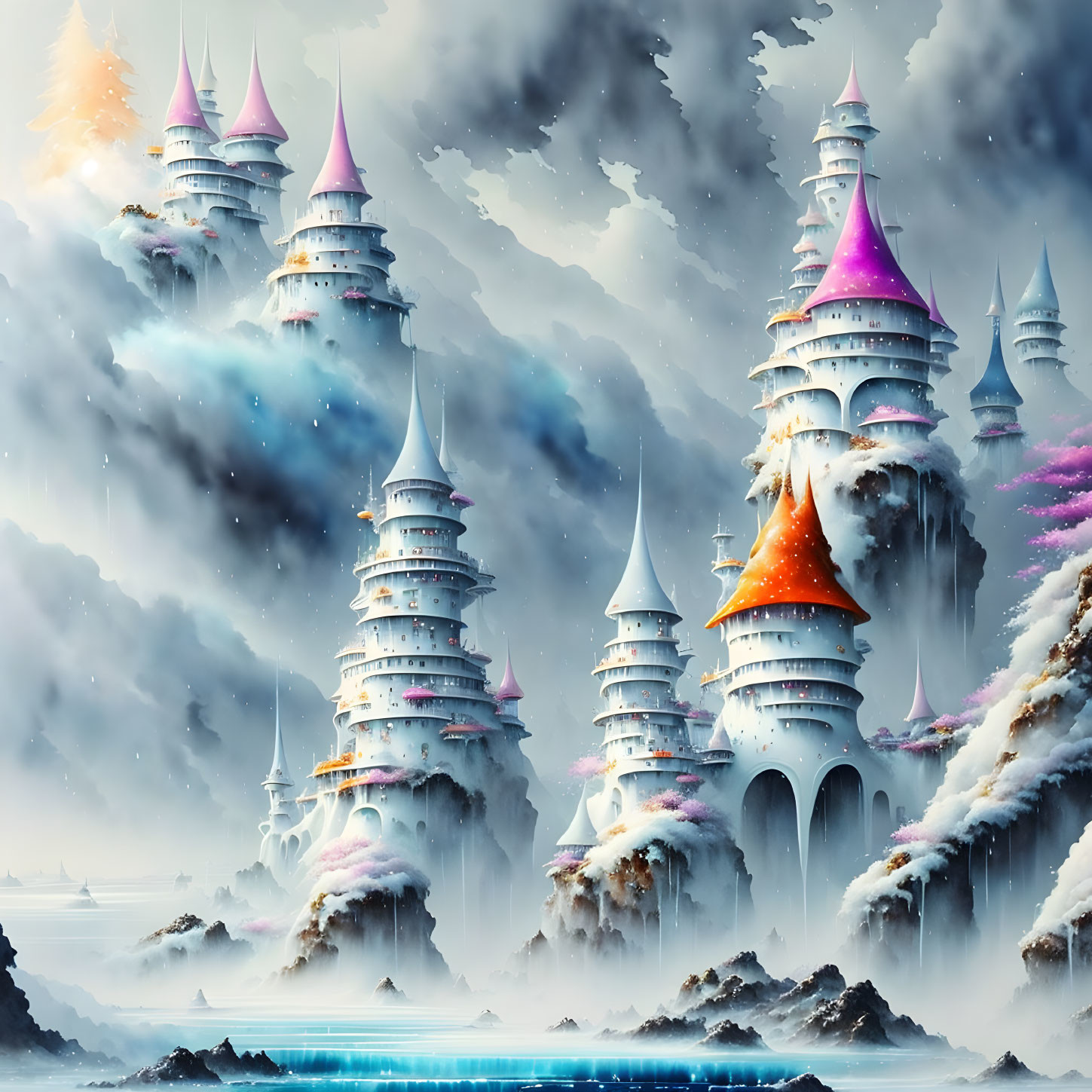 Fantasy landscape with towering castles and colorful spires above snowy cliffs and a blue river