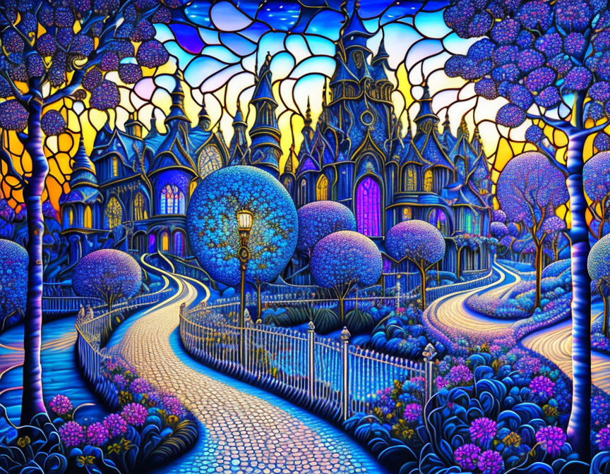 Fantastical landscape with cobblestone path, whimsical trees, Gothic castle, lantern, star