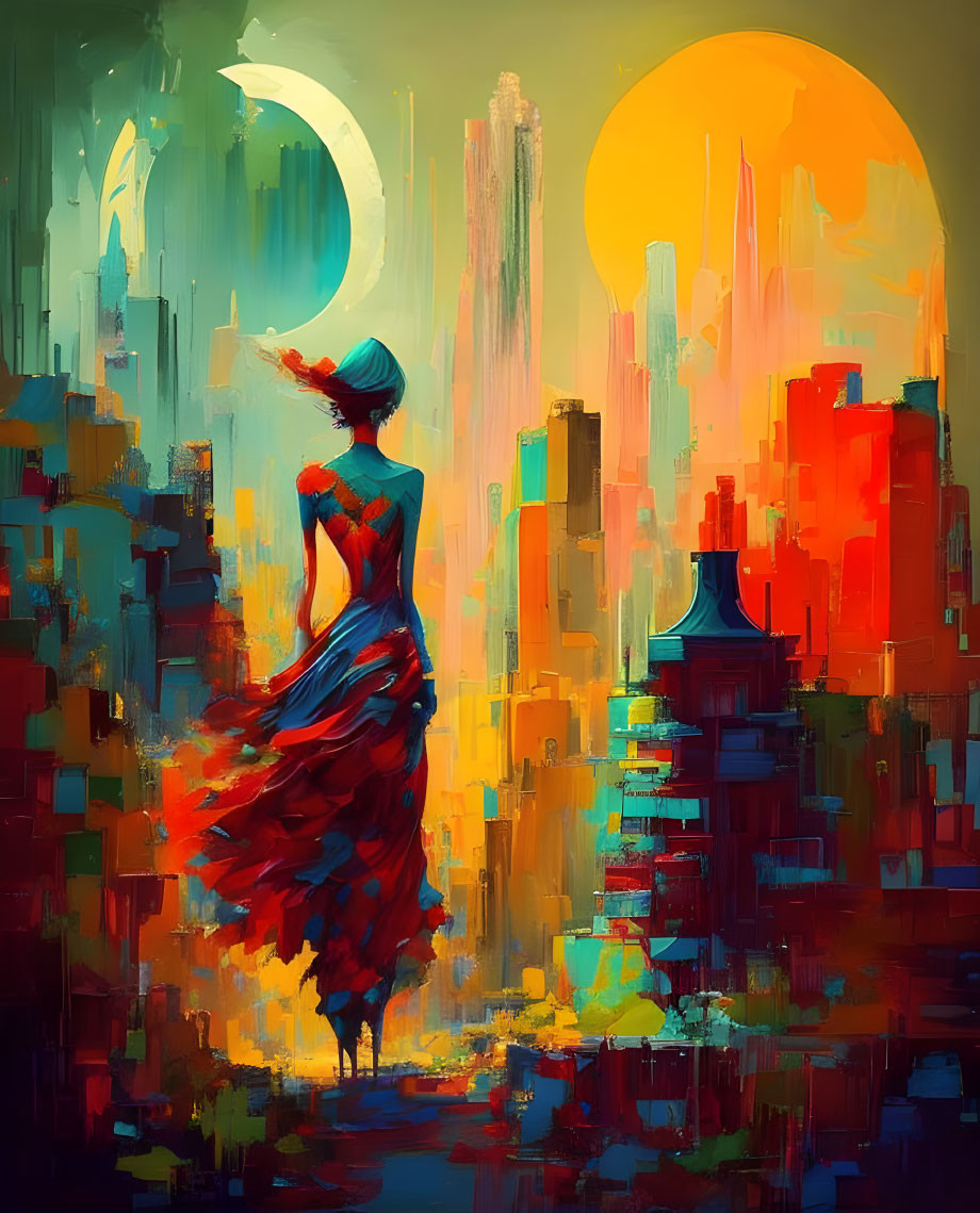 Woman in flowing red dress against vibrant cityscape with moon and sun