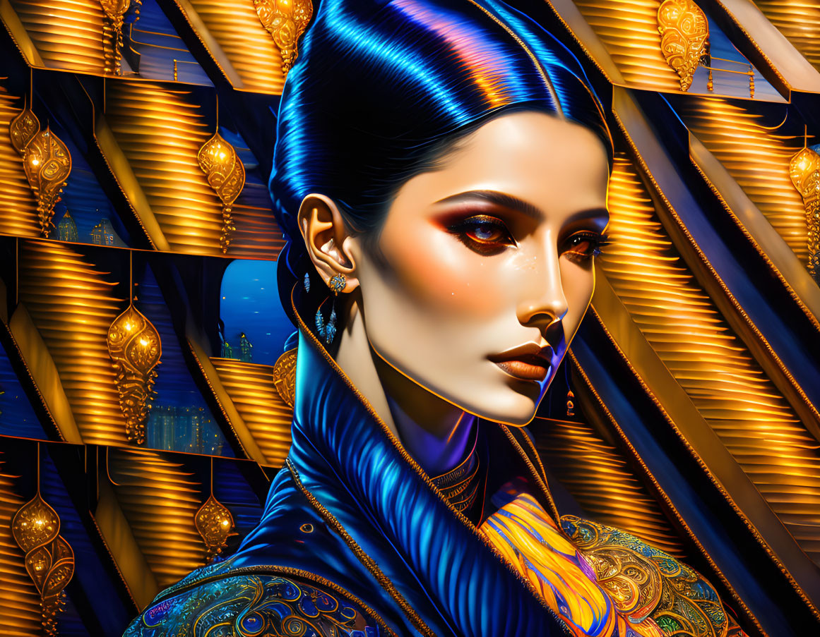 Iridescent Blue Hair Woman Portrait on Gold Background