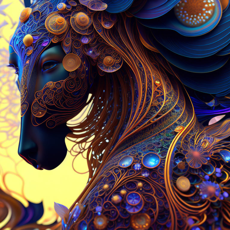 Stylized ornate face profile with intricate patterns in blue and gold