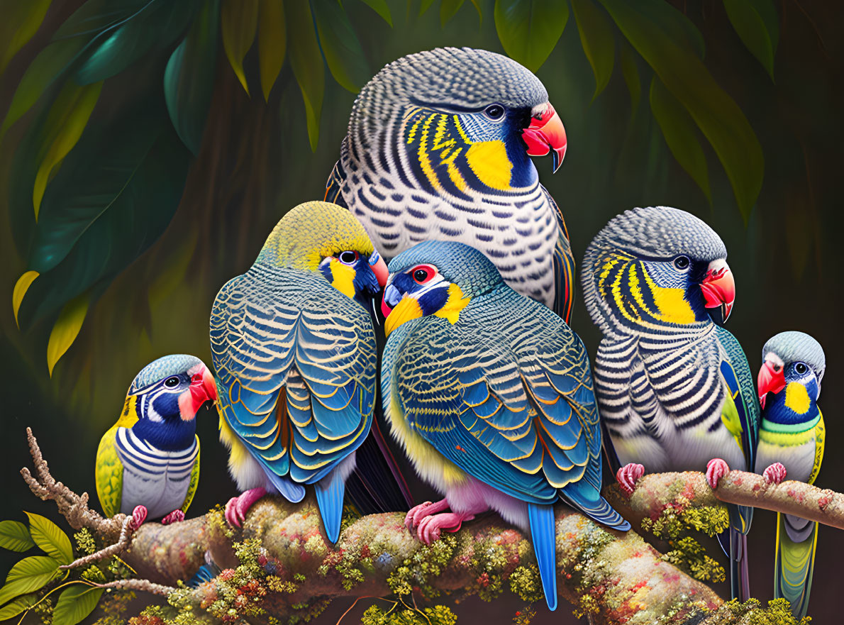 Colorful Budgerigars Perched on Branches in Green Foliage