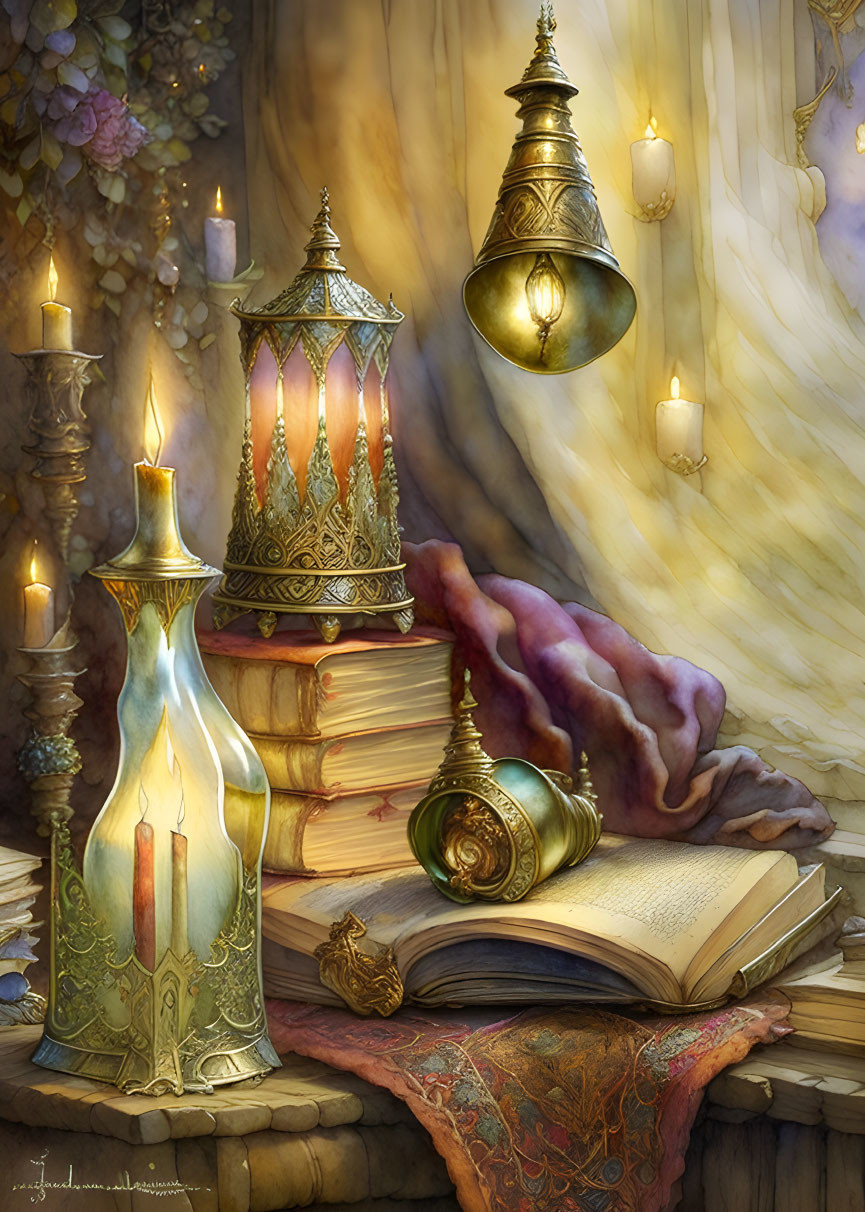 Ornate lanterns, candles, books, and textured cloth in captivating still life