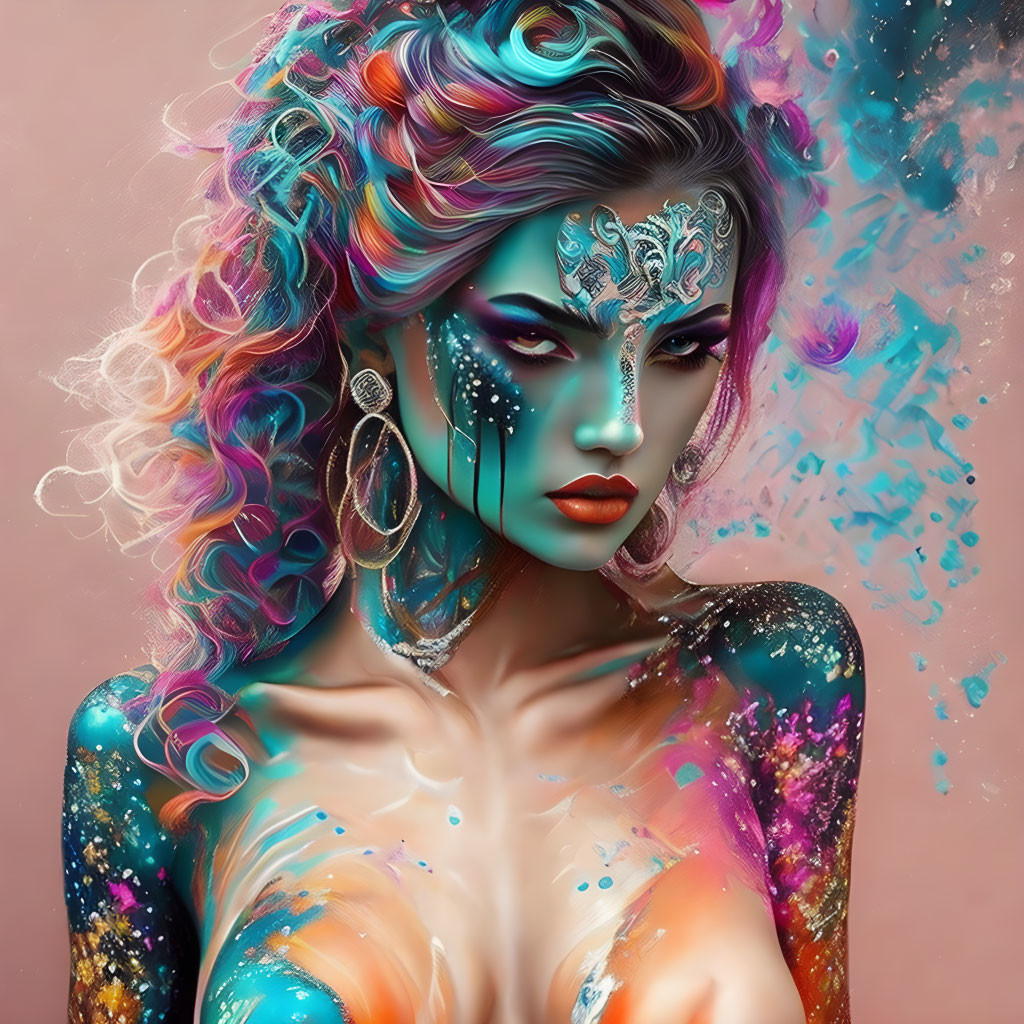 Colorful digital artwork featuring woman with multicolored hair and blue skin.