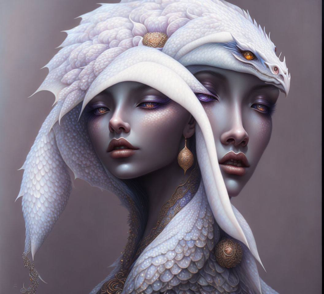 Two figures with serene expressions, pearlescent dragon-like scales, and ornate headpieces blending human