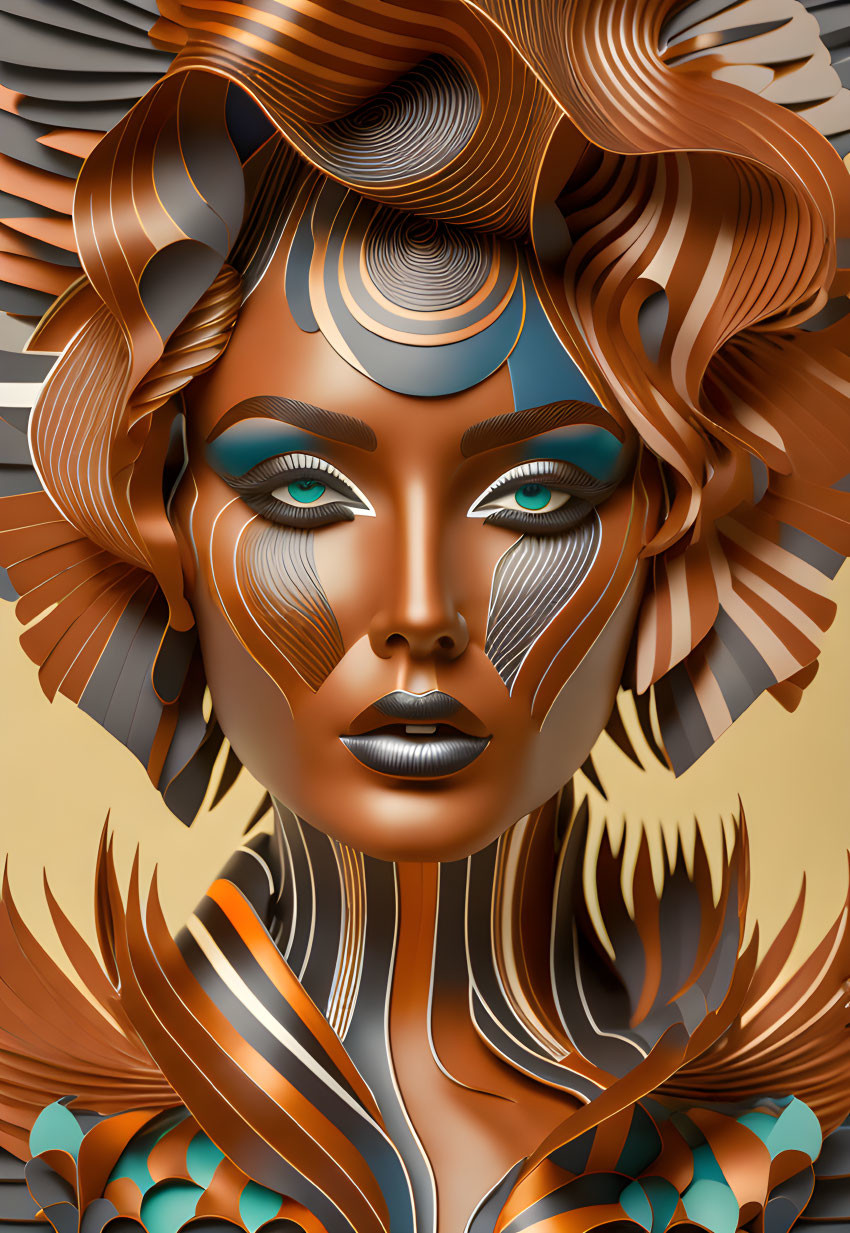 Stylized digital artwork of female face with metallic hair and teal makeup