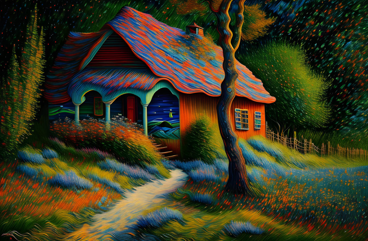 Colorful Cottage Painting Surrounded by Lush Garden