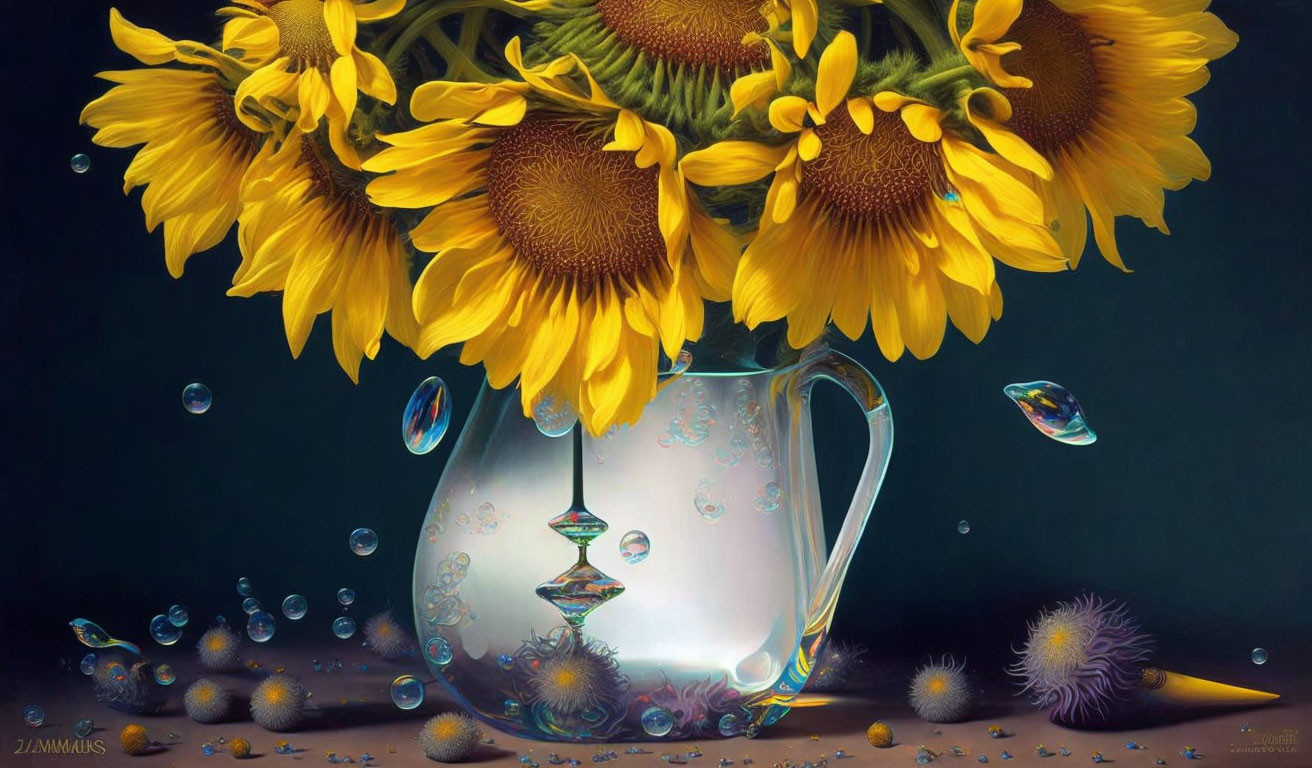 Hyperrealistic Painting: Sunflowers in Vase with Bubbles & Glowing Object