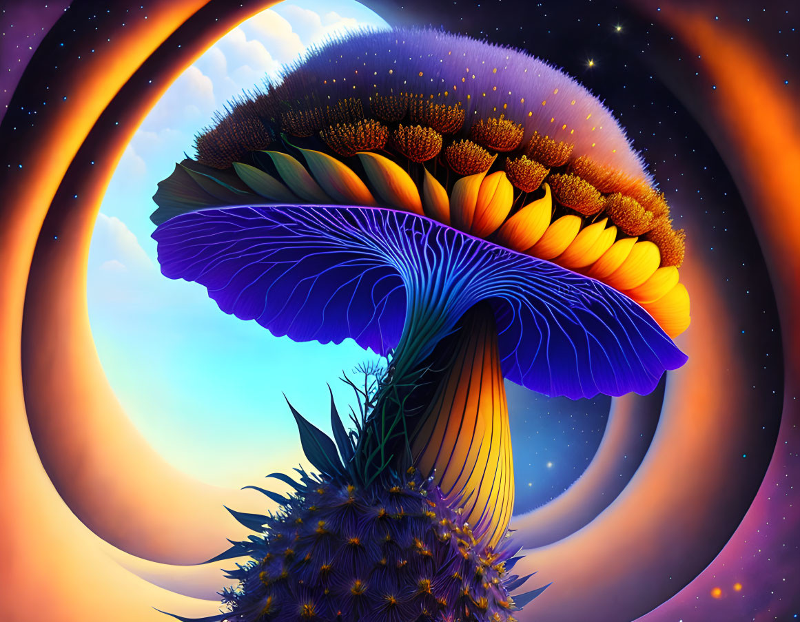 Colorful fantasy mushroom with sun and planet in vibrant illustration