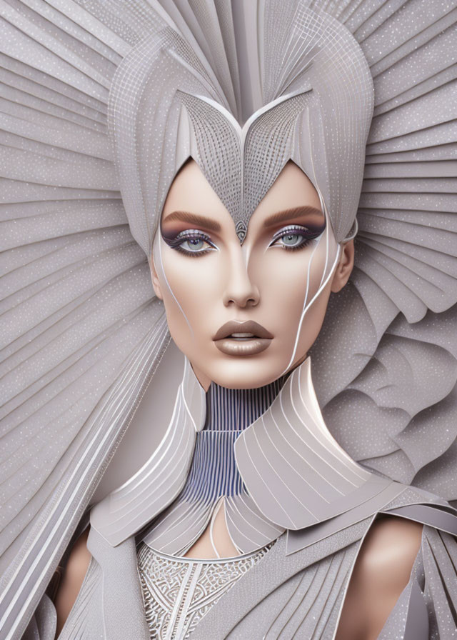 Elaborate Silver Headgear and Makeup on Futuristic Female Figure