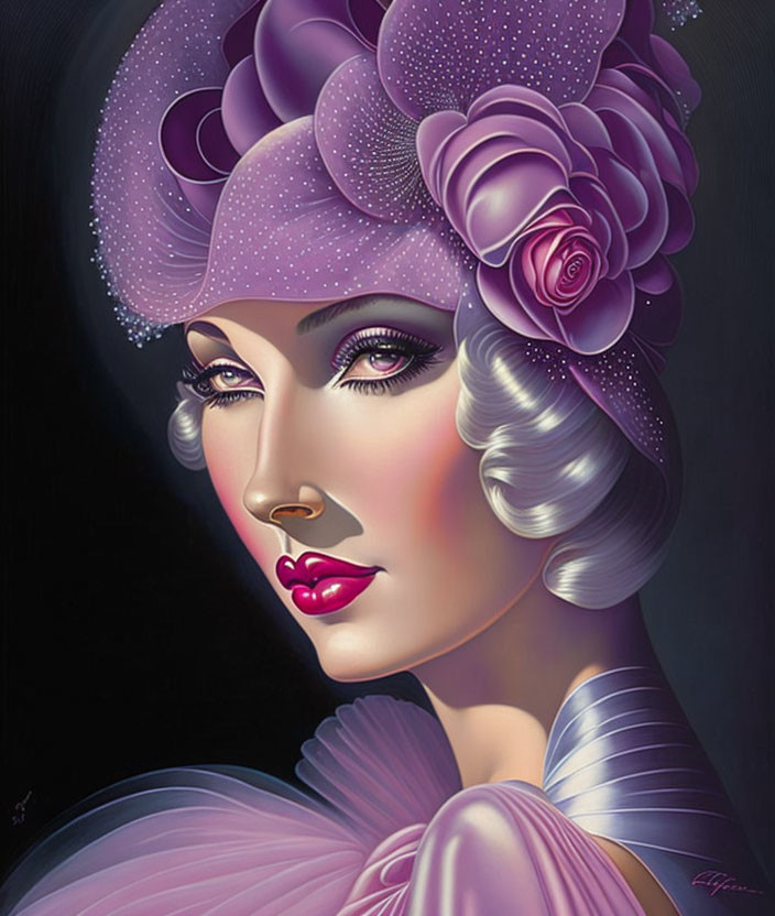 Illustration of woman with vintage hair, purple hat, rose, bold makeup.