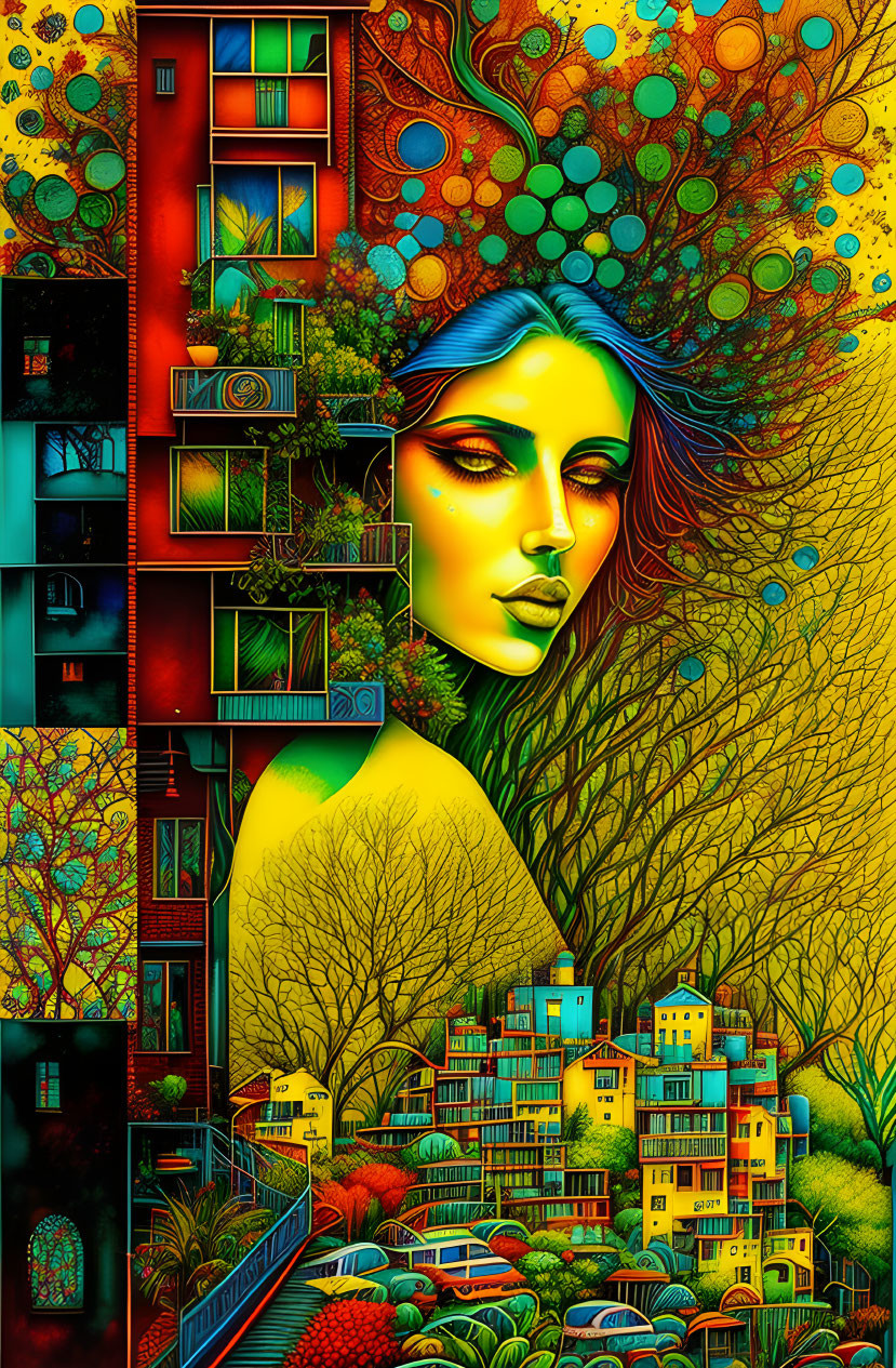 Colorful artwork: woman's profile merges with tree, overlooking buildings and red apartment complex amid swirling patterns