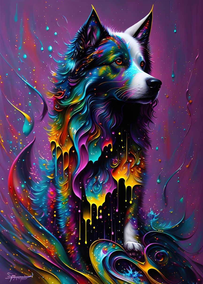 Colorful Illustration of Dog with Neon Hues & Cosmic Elements