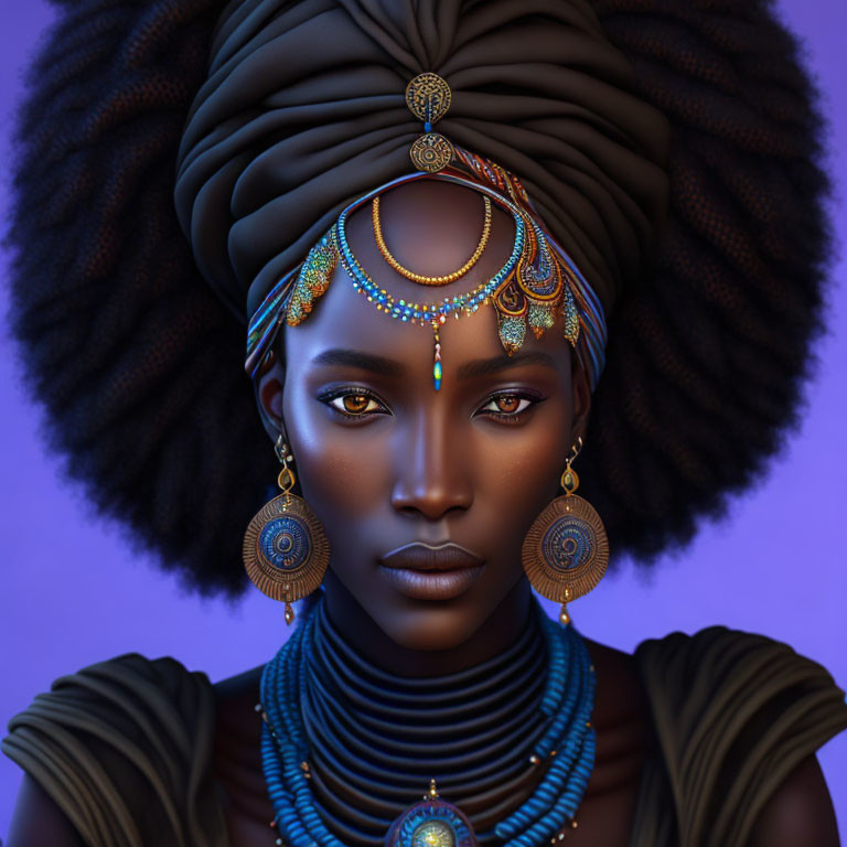 Digital portrait of woman with dark skin, head wrap, jewelry, regal presence