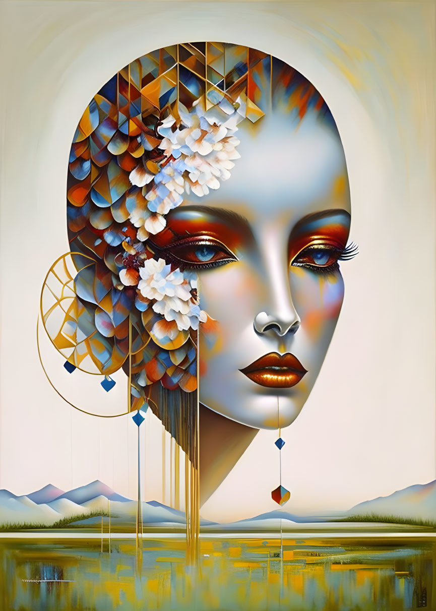 Surreal portrait of woman with geometric and floral elements and gold accents