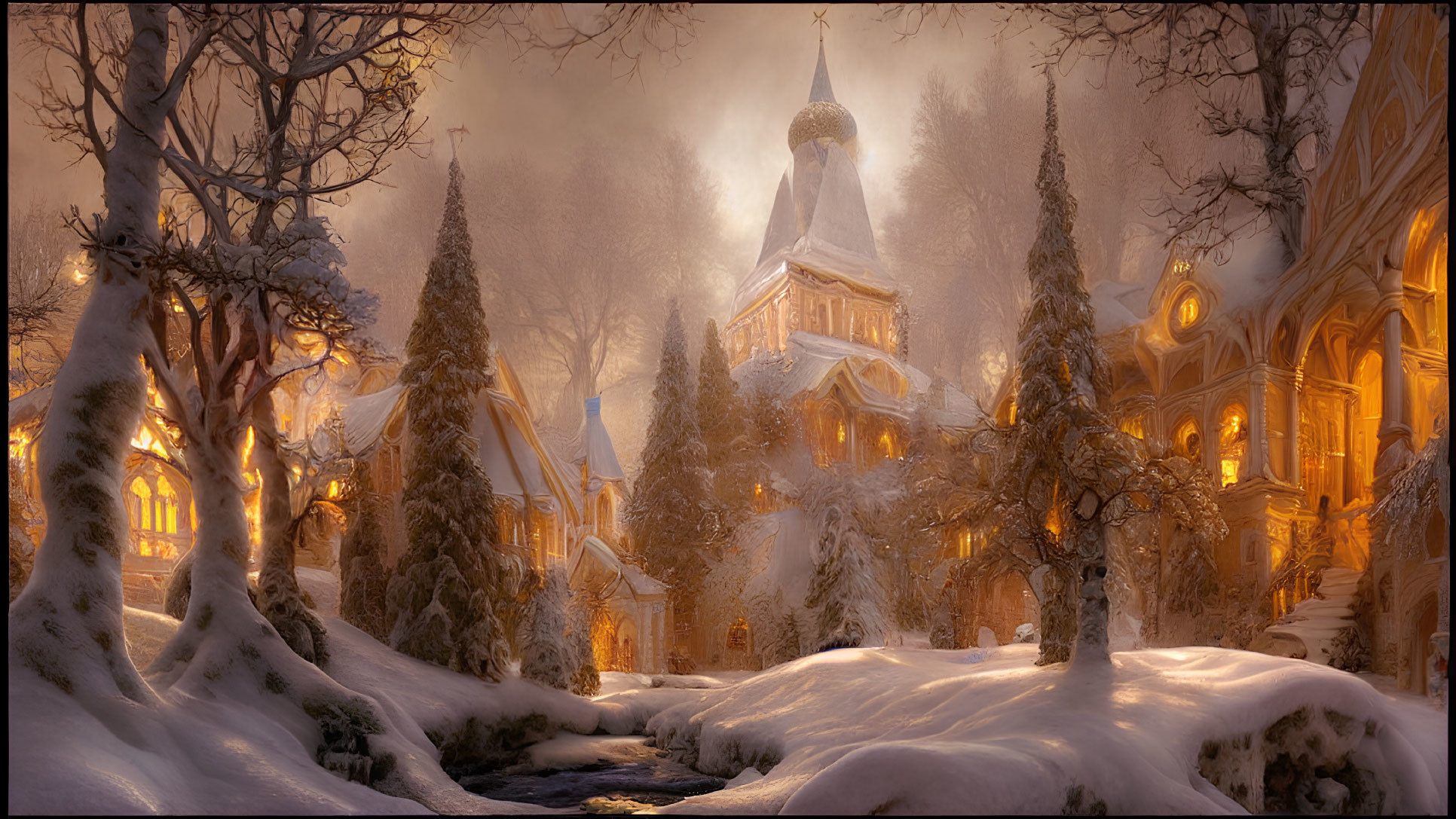 Snow-covered buildings and glowing lights in enchanting winter scene.