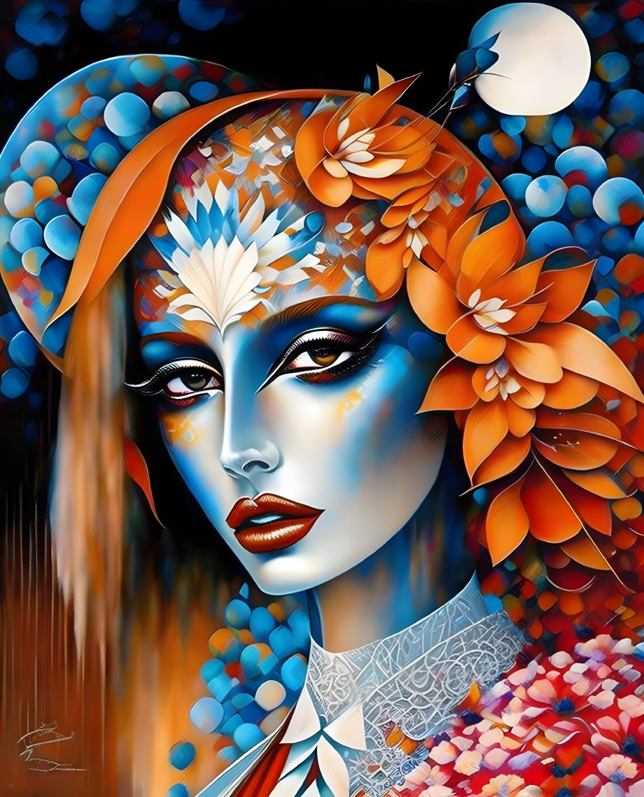 Colorful stylized woman with blue skin and floral hair against dark background.