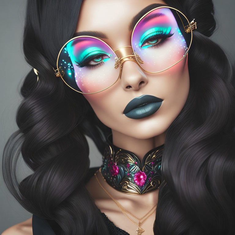 Woman with vibrant makeup, oversized sunglasses, dark lipstick, wavy hair, and decorative choker.