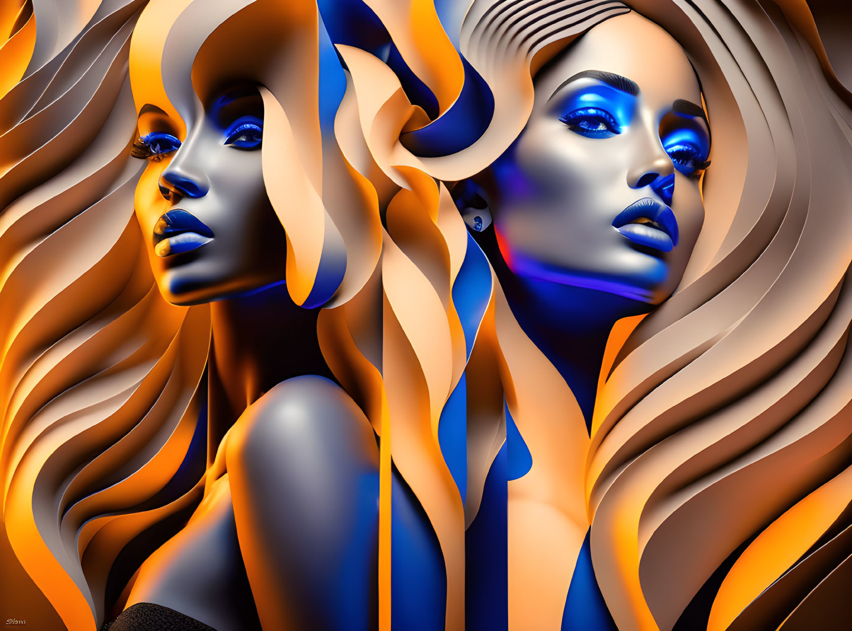 Digital Art: Mirrored Female Faces with Golden and Blue Hair on Orange Background