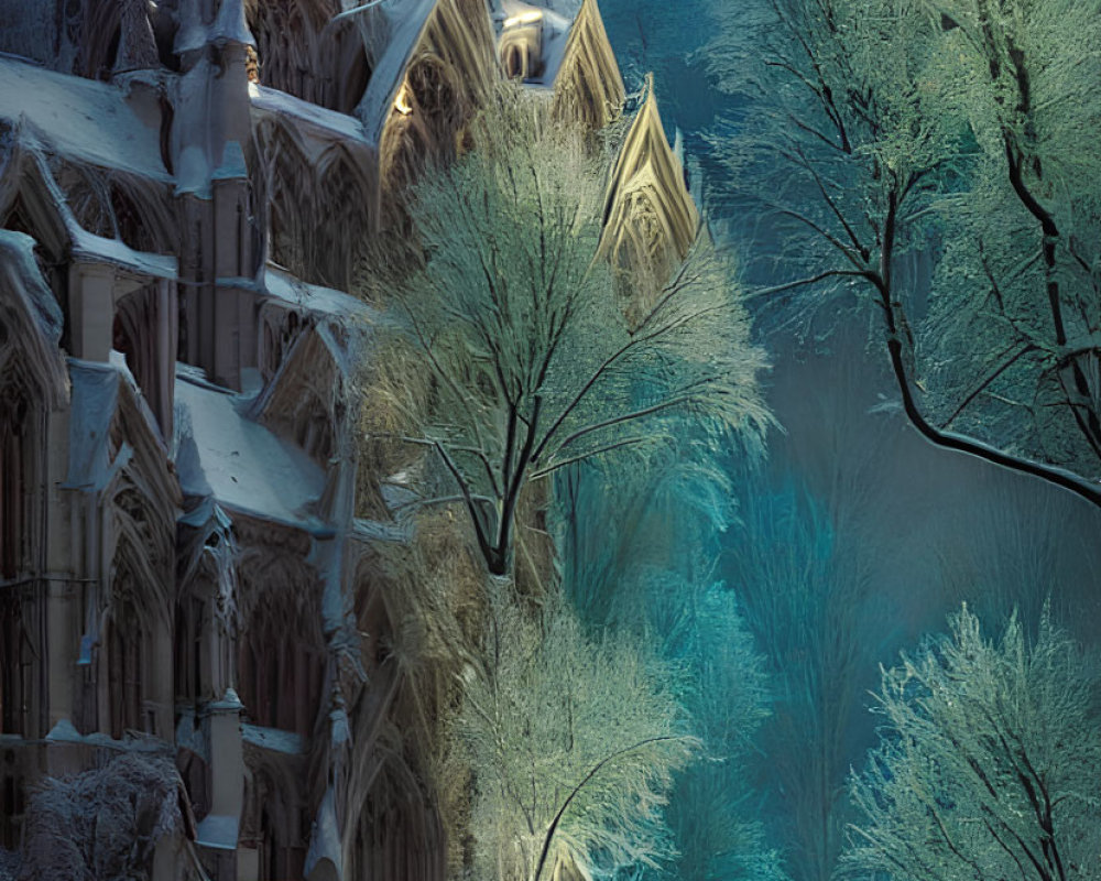 Snow-covered Gothic cathedral in moonlight with arched bridge over frozen river