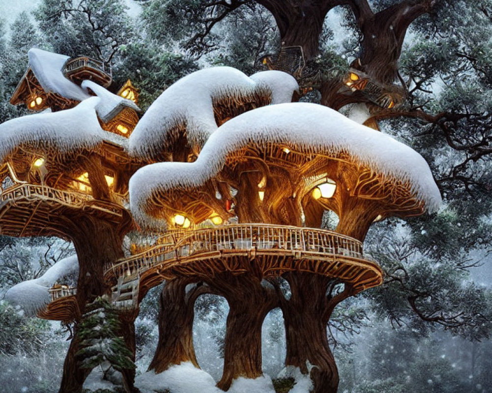 Snow-covered fantasy treehouses with glowing windows interconnected by wooden bridges under twilight sky