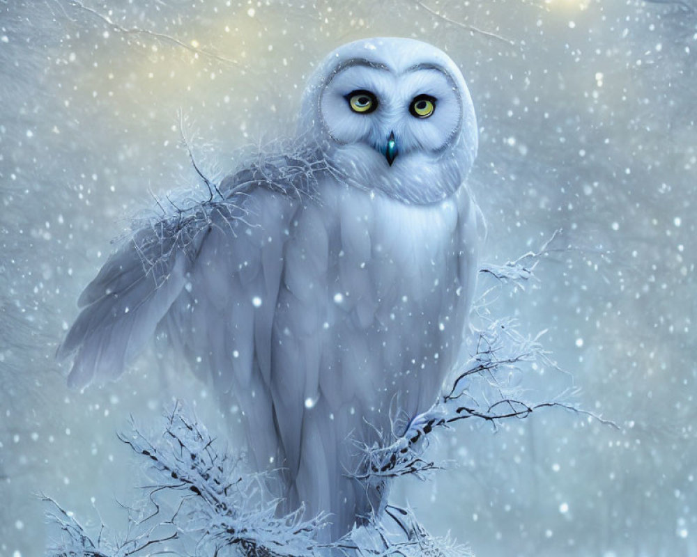 Snowy owl perched on frosty branch in falling snowflakes