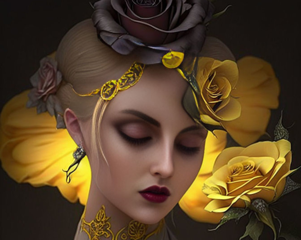 Digital artwork: Woman with closed eyes, wearing rose headpiece, gold filigree, butterfly motifs