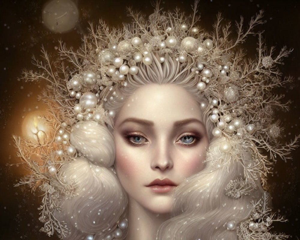 Illustrated woman with pale skin, grey eyes, crown of pearls, and wintry flowers