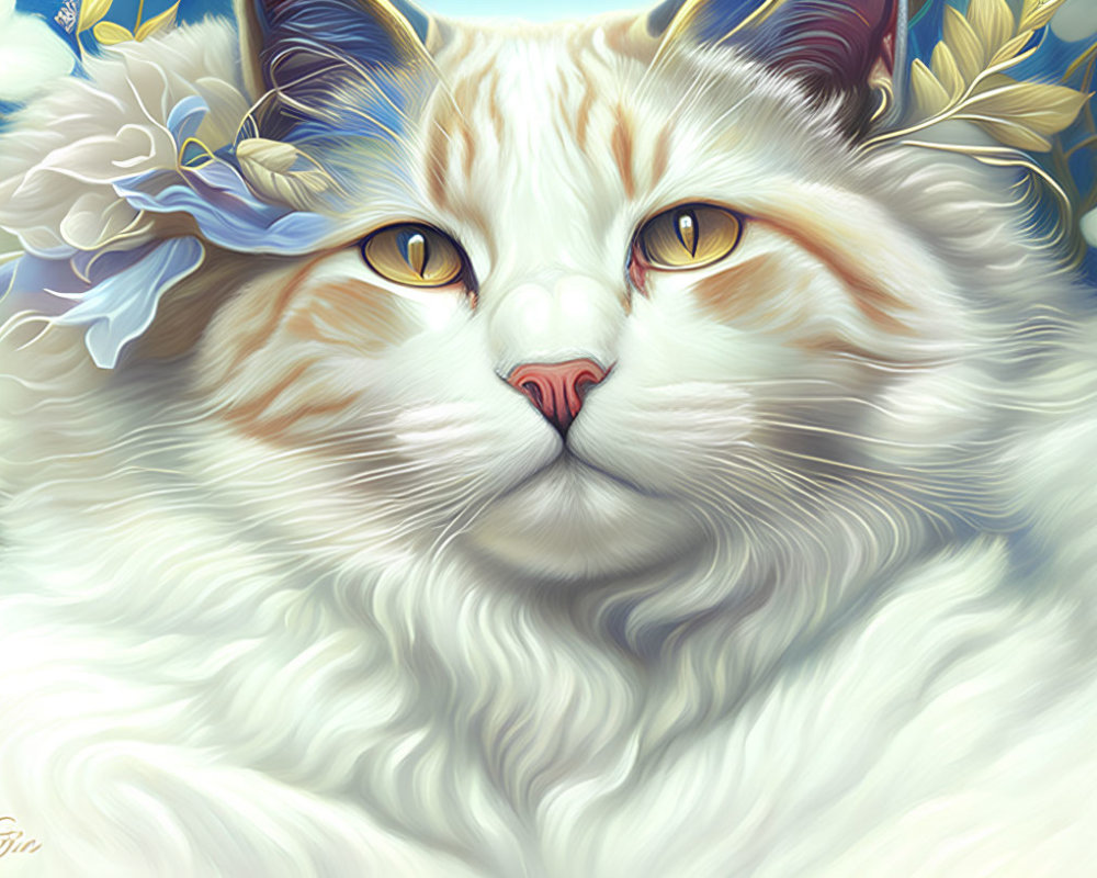 Detailed illustration of fluffy white and orange cat with amber eyes and blue flower, surrounded by blue and yellow