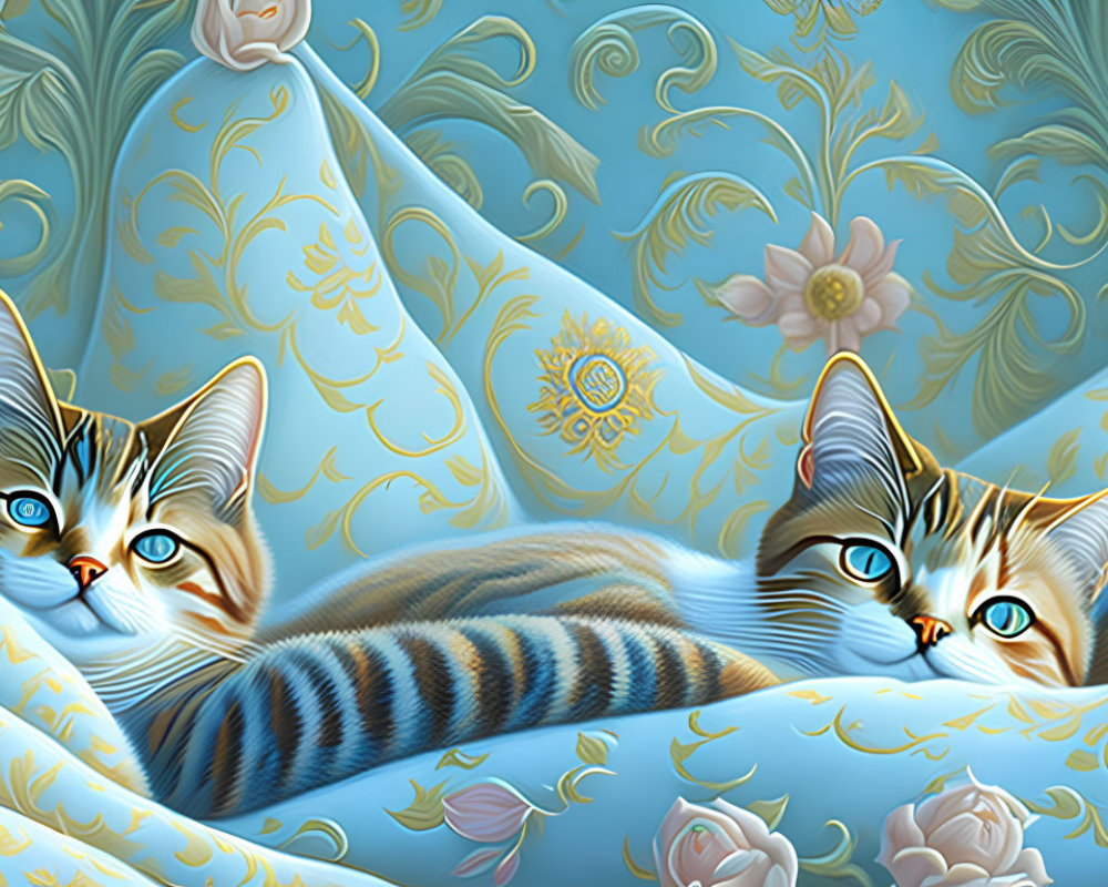 Stylized cats with striking eyes on blue floral fabric with gold and white designs