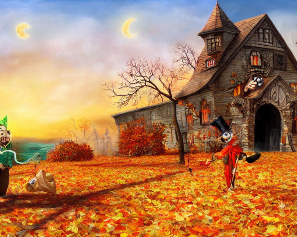 Whimsical Halloween scene with witch, ghosts, pumpkin figure, and haunted house