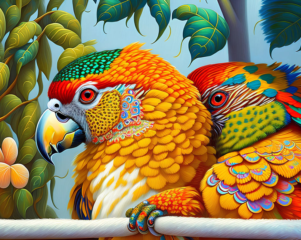 Colorful Parrots with Detailed Feather Patterns Perched in Lush Greenery